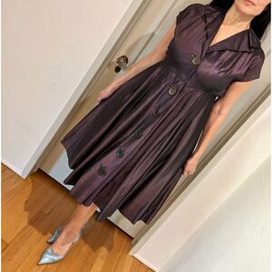 VTG 50s Luminous SILK Shot Taffeta Purple & Black Cocktail Shirtwaist Dress Sz 6